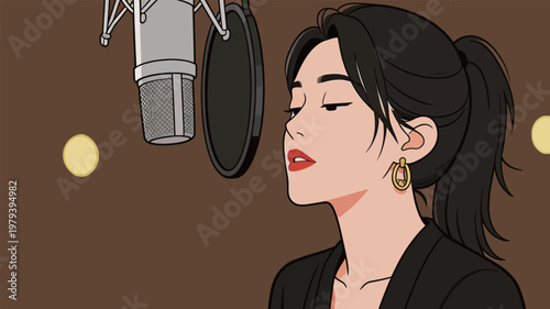 Woman Recording Voice in Studio with Microphone