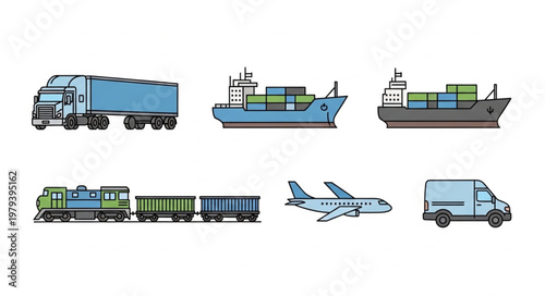 Collection of various transportation vehicles and cargo containers.