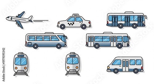 Collection of various transportation vehicles in a flat design style.
