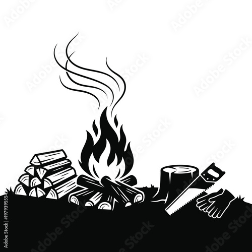 Campground bonfire silhouette with woodpile saw and gloves