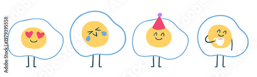 Funny Fried Egg Characters Set. One with Coffee, Laughing, Wearing Party Hat and In Love. Flat Vector Collection