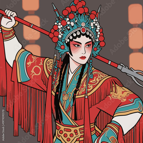 Chinese Peking Opera Female Warrior Illustration