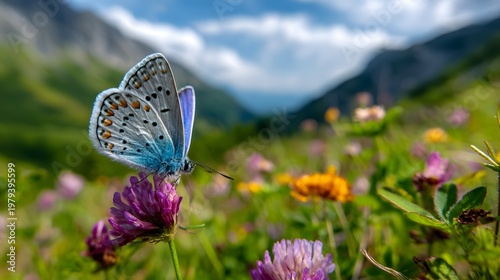 Blauer Schmetterling auf Wildblume in alpiner Bergwiese
