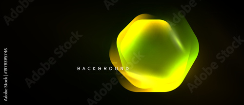 Abstract hexagon shape glows brightly against dark background. Vibrant yellow, green hues create dynamic visual effect. Modern design element.