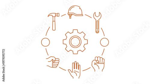 Crafting & Construction: A minimalistic illustration features a gear at the center, surrounded by tools and hand gestures, symbolizing collaboration and the process of constructing.