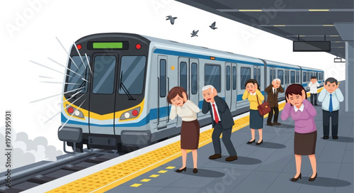 Commuters cover ears from loud train noise at station platform.