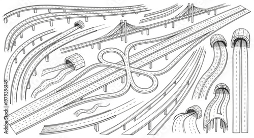 Complex Highway Interchange and Bridge Structures Artistic Drawing.