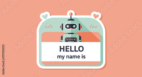 Cute AI Robot Character with Hello My Name Is Sticker Name Tag Vector Illustration