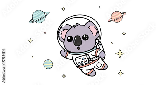 Cute Kawaii Koala Astronaut Floating in Outer Space with Planets and Stars Vector Illustration