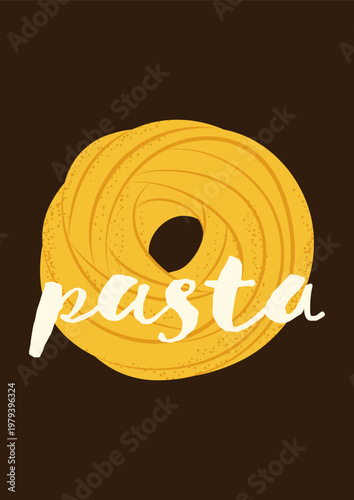 Minimalist poster featuring large hand drawn fettuccine coil and the word "pasta" on dark background. Ideal for kitchen wall art, restaurant decor, or cafe branding.