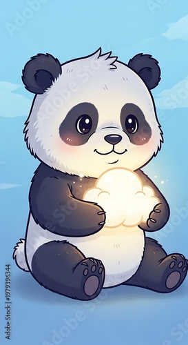 Cute panda bear holding glowing light.