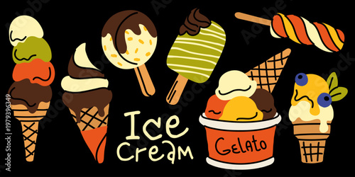 Vibrant ice cream set on black background with handwritten text. Waffle cones, popsicles and gelato cup. Hand drawn summer food illustration for posters and cafes