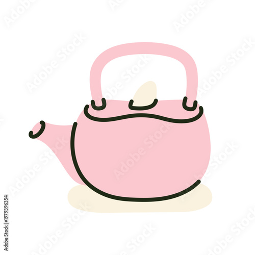 Stylish pink teapot for brewing traditional green tea or matcha. Cute ceramic kettle illustration for tea time ritual, kitchen decor, and cafe menu design. Hand drawn vector.