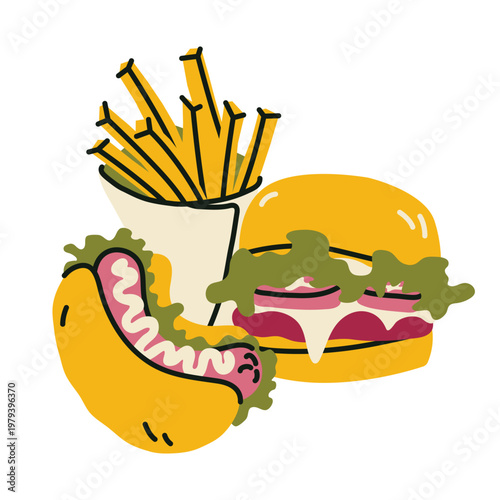 Ultimate fast food meal set featuring burger, crispy french fries, and hot dog. Complete dinner combo illustration for restaurant menus, food delivery services, and bistro ads.