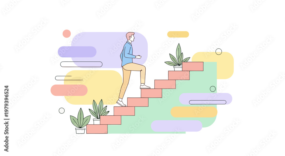 Fototapeta premium Businessman Climbing Stairs for Career Growth and Professional Success Concept, Flat Vector Illustration