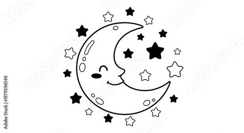 Cute cartoon smiling crescent moon with stars vector line art illustration for children's coloring book page