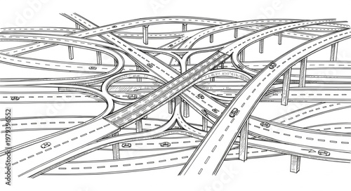 Complex highway interchange illustration with many roads and bridges.