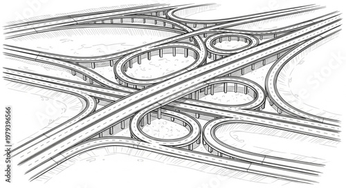 Complex highway interchange illustration with multiple levels and curves.
