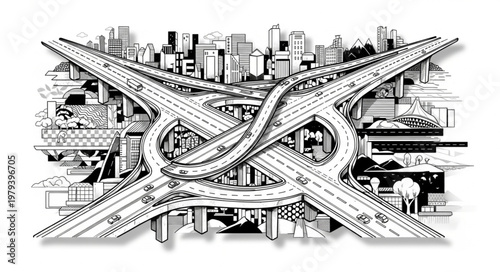 Complex Highway Interchange Overpass with City Skyline Illustration.