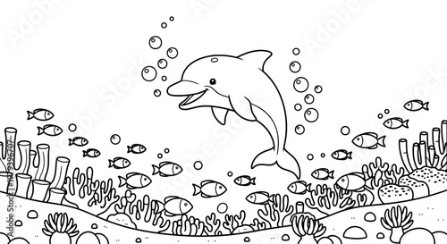 Cute Dolphin Swimming in a Coral Reef with Schools of Fish, Underwater Marine Life Coloring Page for Kids