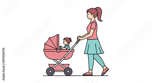 Vector Illustration of a Mother Pushing her Baby in a Pink Stroller During a Walk