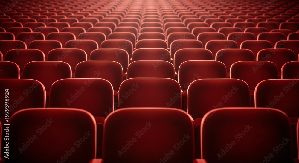Fototapeta premium Rows of empty red theater seats create a symmetrical pattern leading into the distance with soft lighting and a cinematic atmosphere