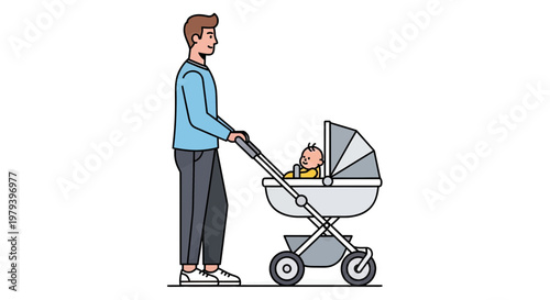 Young father walking with his baby in a stroller, happy parenting and fatherhood concept, flat vector illustration isolated on white