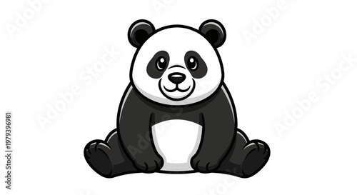 Cute Cartoon Giant Panda Illustration Sitting and Smiling, Adorable Bear Mascot Character Vector Isolated on White Background