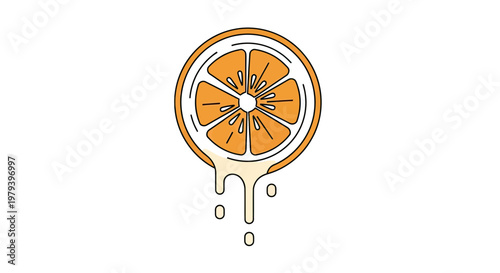 Minimalist Vector Illustration of a Fresh Orange Slice with Dripping Juice Isolated on White Background