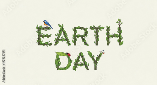 Earth day eco friendly text with leaves and birds on beige background symbolizing environmental awareness and sustainability