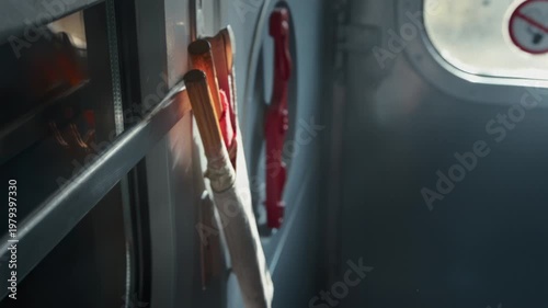 Close up perspective of train car vestibule showing essential safety features. Bright sunlight streams through window, highlighting details of emergency tools and door mechanism. Empty space conveys a