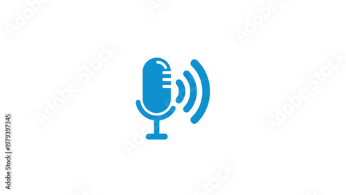 Blue microphone with sound waves.