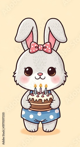Cute Bunny Holding Birthday Cake.