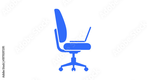 Blue office chair on wheels closeup.