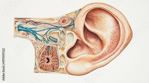 National Speech-Language-Hearing Month: medical illustration of a human ear cross-section anatomy, showing outer ear canal, eardrum, cochlea, ossicles, auditory nerve in precise anatomical detail
