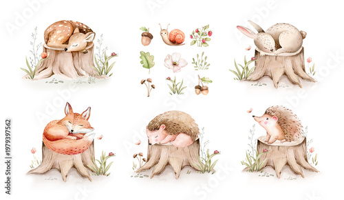 Quadro su tela Watercolor cute baby fawn and bunny animal