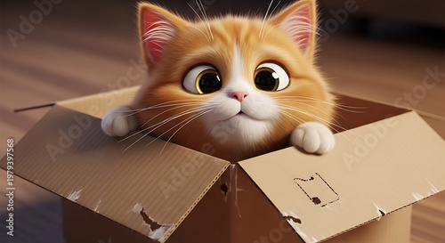 Cute orange kitten in cardboard box.