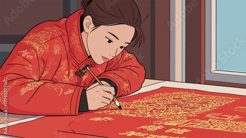 Woman in Red Traditional Dress Writing Calligraphy