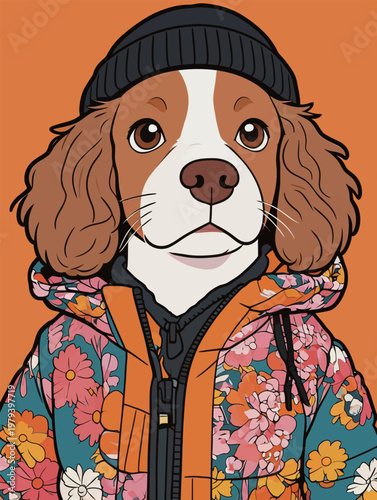 Stylish Cavalier King Charles Spaniel in Floral Jacket