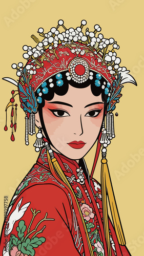 Chinese Peking Opera Actress in Traditional Red Costume