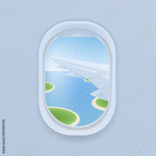 Airplane window, view from air plane porthole. Aircraft wing, sky, water and land through airliner glass. Flight, travel to sea resort on summer vacation, holiday trip. Flat vector illustration