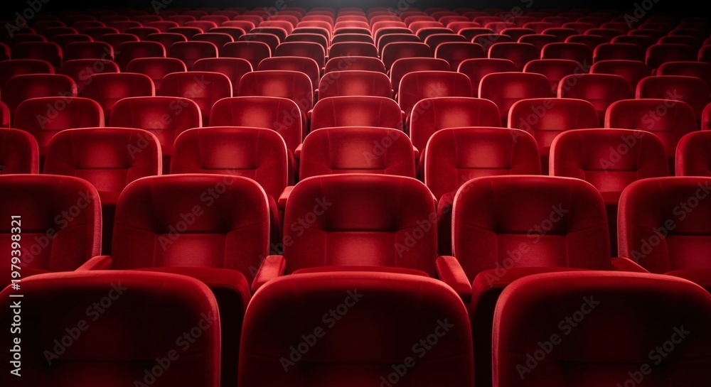 Fototapeta premium Rows of plush red velvet theater seats in a cinema auditorium arranged in symmetrical lines offering an inviting atmosphere for moviegoers ready for a captivating cinematic experience