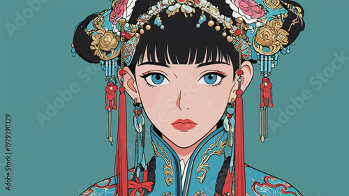 Chinese Traditional Woman in Ornate Headdress Illustration