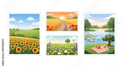Set of 5 Cartoon Vector Landscape Illustrations with Fields, Lake, and Picnic