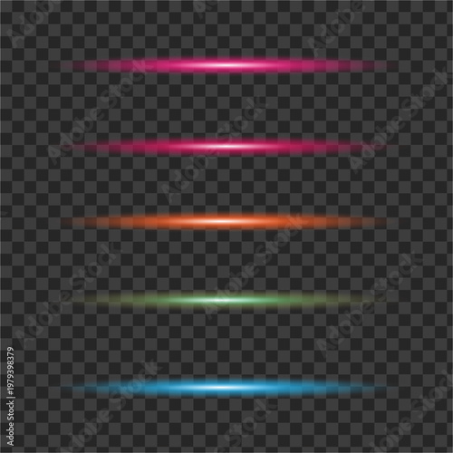 Set of colorful glowing neon light lens flare lines and rays on transparent background