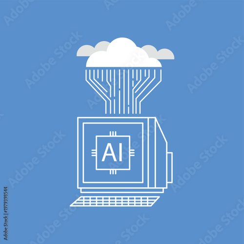 AI Cloud Computing Concept With Retro Computer Icon And Circuit Rain Representing Machine Learning