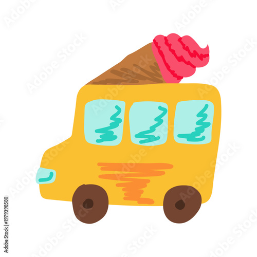 Ice Cream Truck with Cone on Roof. Cute Flat Vector Illustration of Street Food Delivery Van. Isolated on White Background