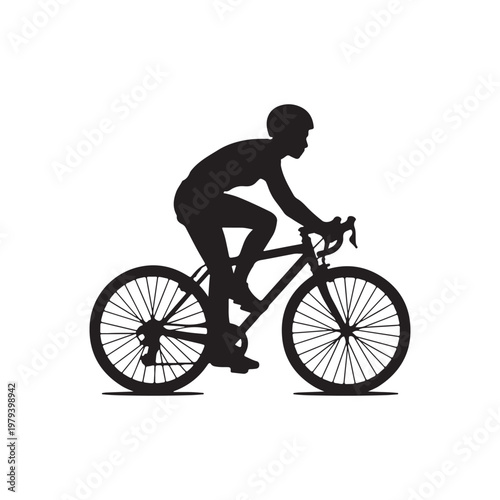 Cyclist wearing a helmet riding a road bike in a black silhouette against a white background