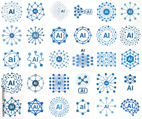 flat vector AI Neural Network Nodes blue color