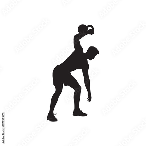 Man performing a kettlebell swing exercise in a dynamic black silhouette against a white background